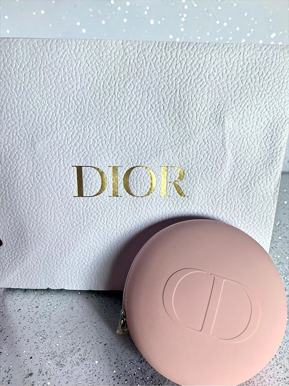 Dior Round Blush Pink Silicone Zip Case with Dior Bag. NWOB
